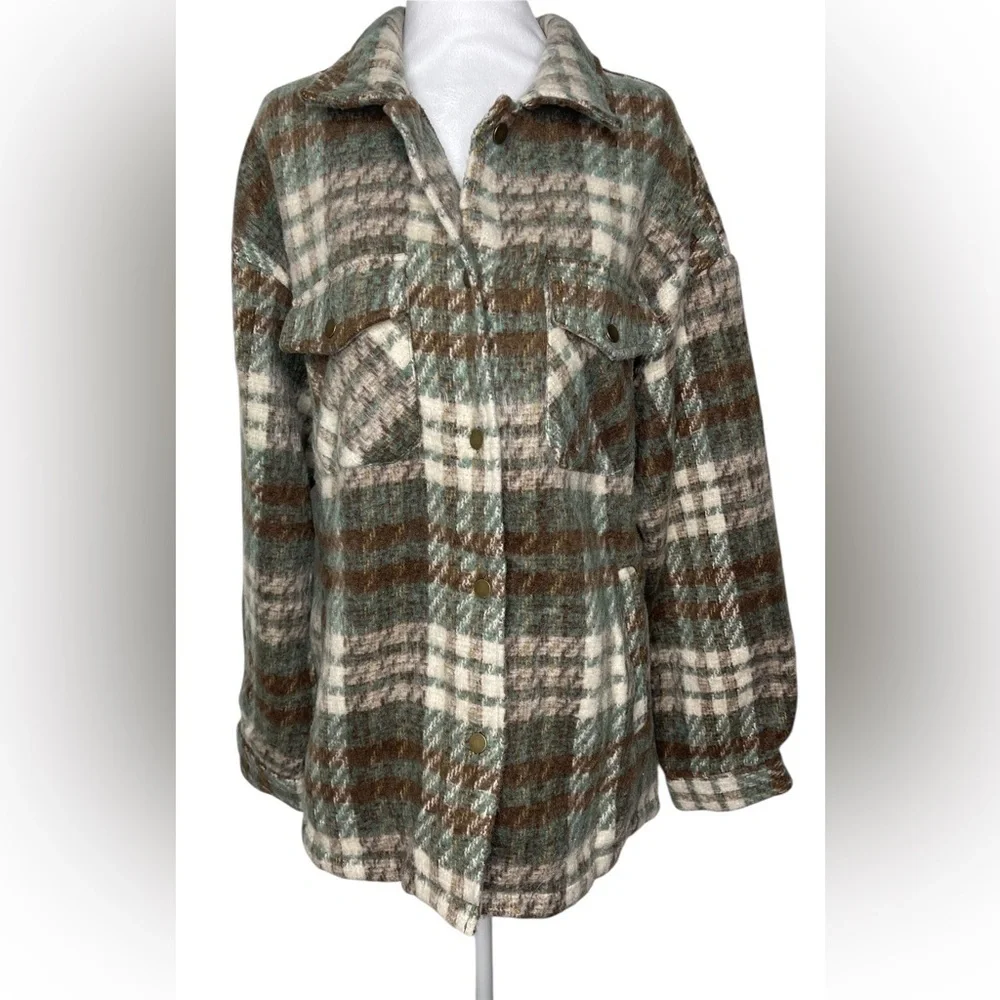 Plaid Women's Jacket in Green Brown Button Up Pockets Fall Woods Cozy Size XL